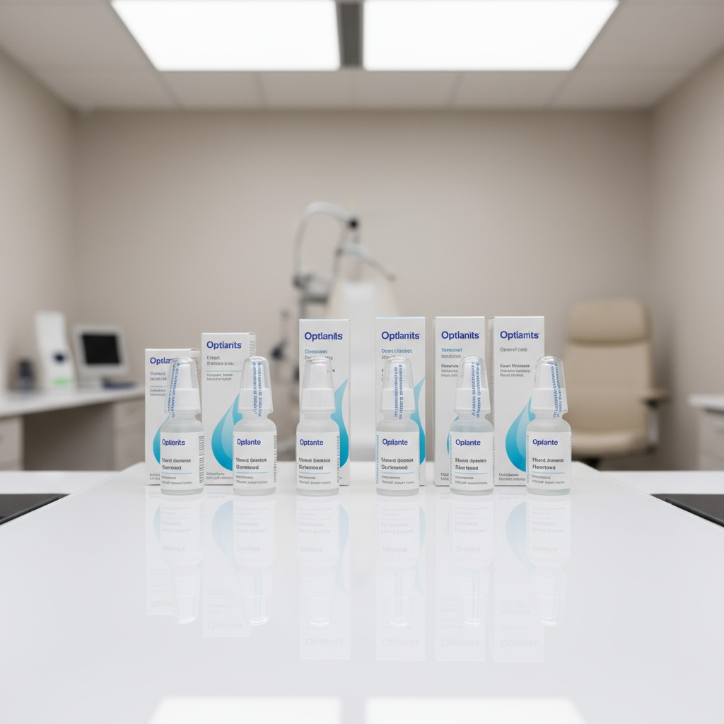 The alt text for the image is: "Pile de bouteilles d'eye drops 'Optilarits' sur une table en acrylique blanc."