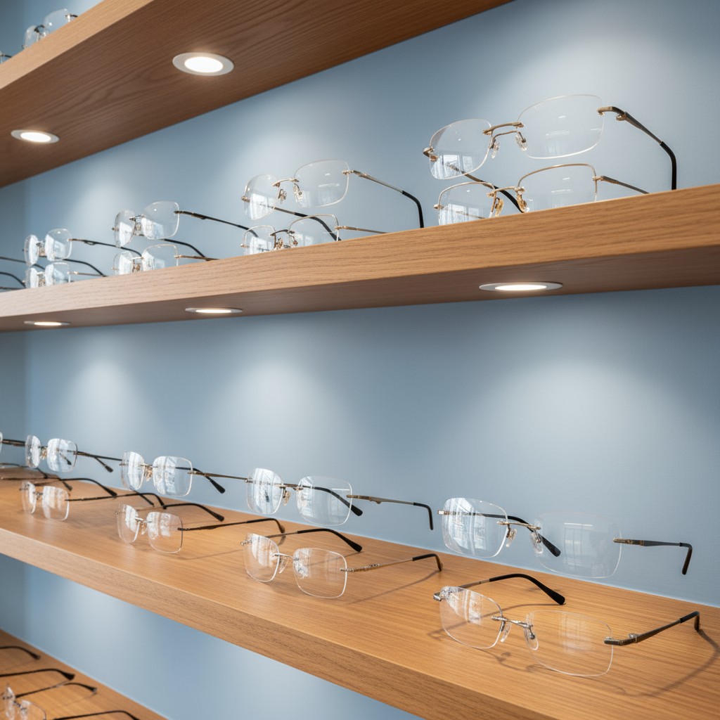 A collection of glasses displayed on wooden shelves with spotlights against a light blue wall.